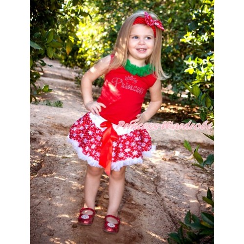 Xmas Red Baby Pettitop with Sparkle Crystal Bling Princess Print with Kelly Green Chiffon Lacing with Red Snowflakes Newborn Pettiskirt NG1279 